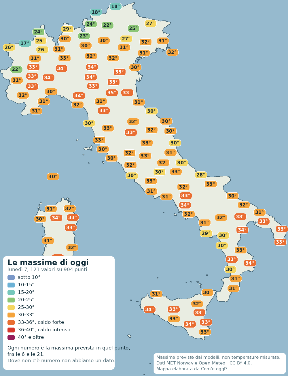 Mappa delle massime previste in Italia per oggi (lunedì 07): dal valore più basso di 15° al più alto di 36°.
