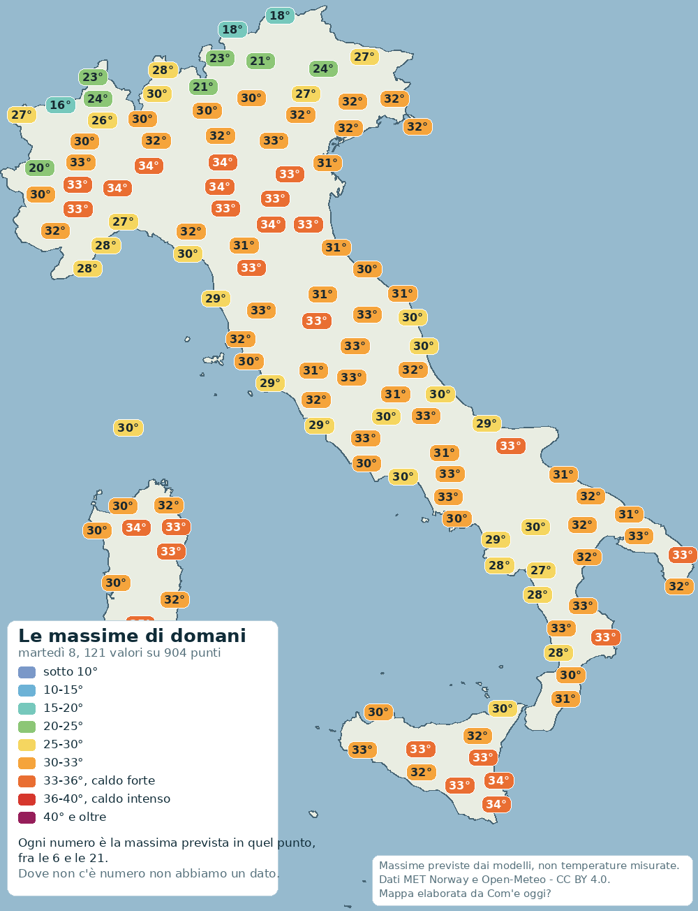 Mappa delle massime previste in Italia per domani (martedì 08): dal valore più basso di 13° al più alto di 35°.