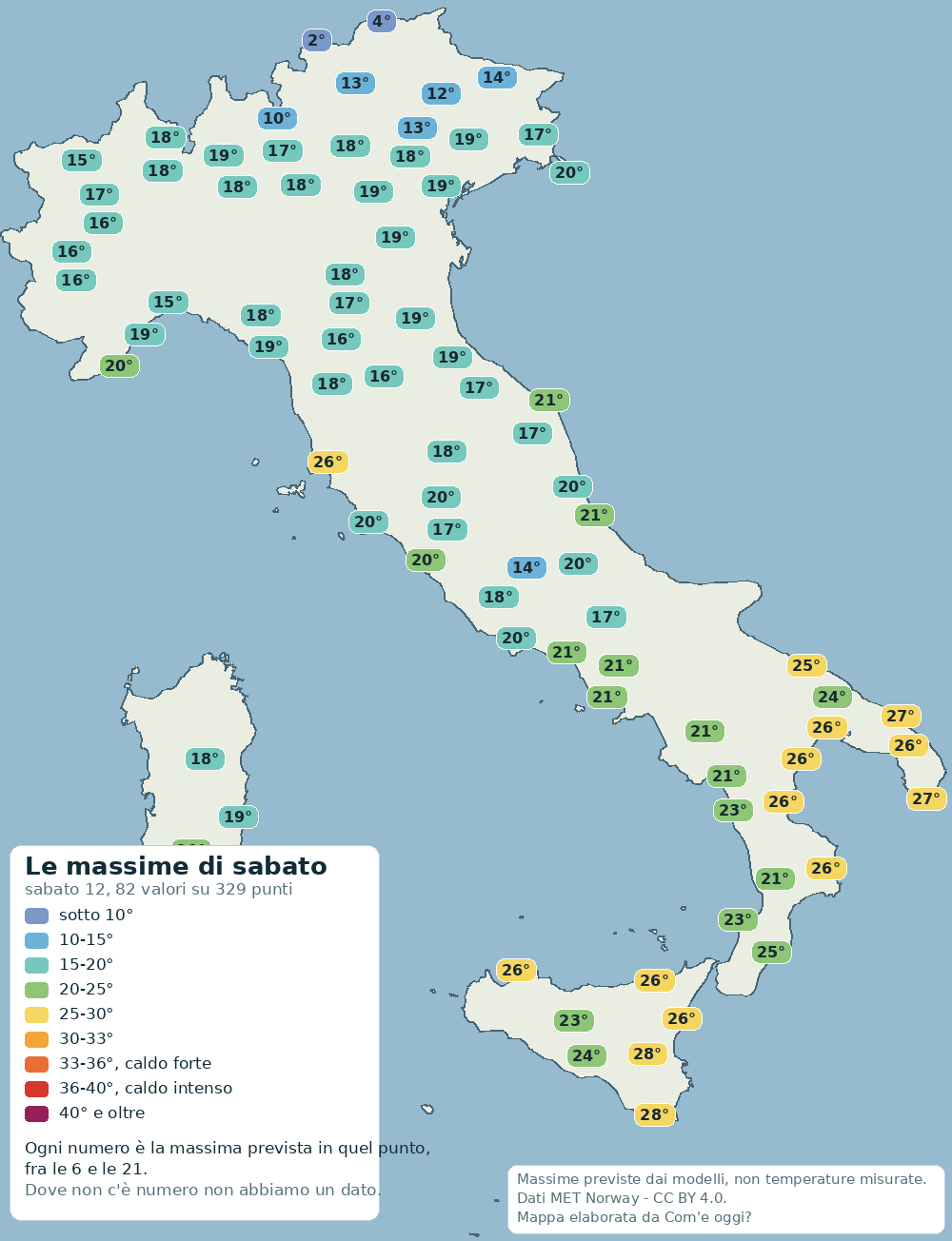 Mappa delle massime previste in Italia per sabato (sabato 12): dal valore più basso di 2° al più alto di 28°.