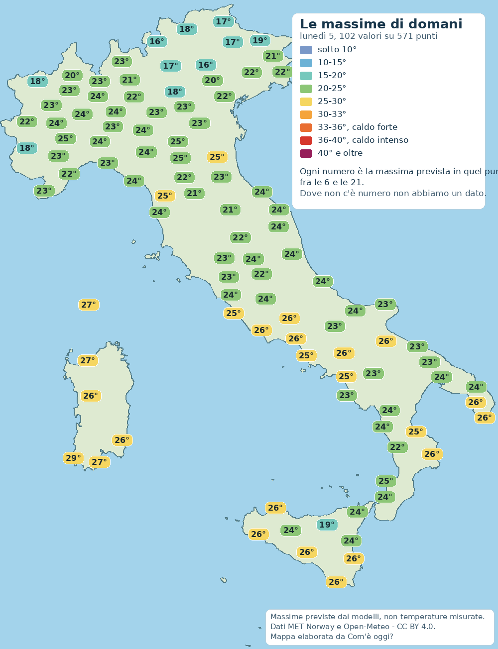 Mappa delle massime previste in Italia per domani (lunedì 05): dal valore più basso di 11° al più alto di 29°.