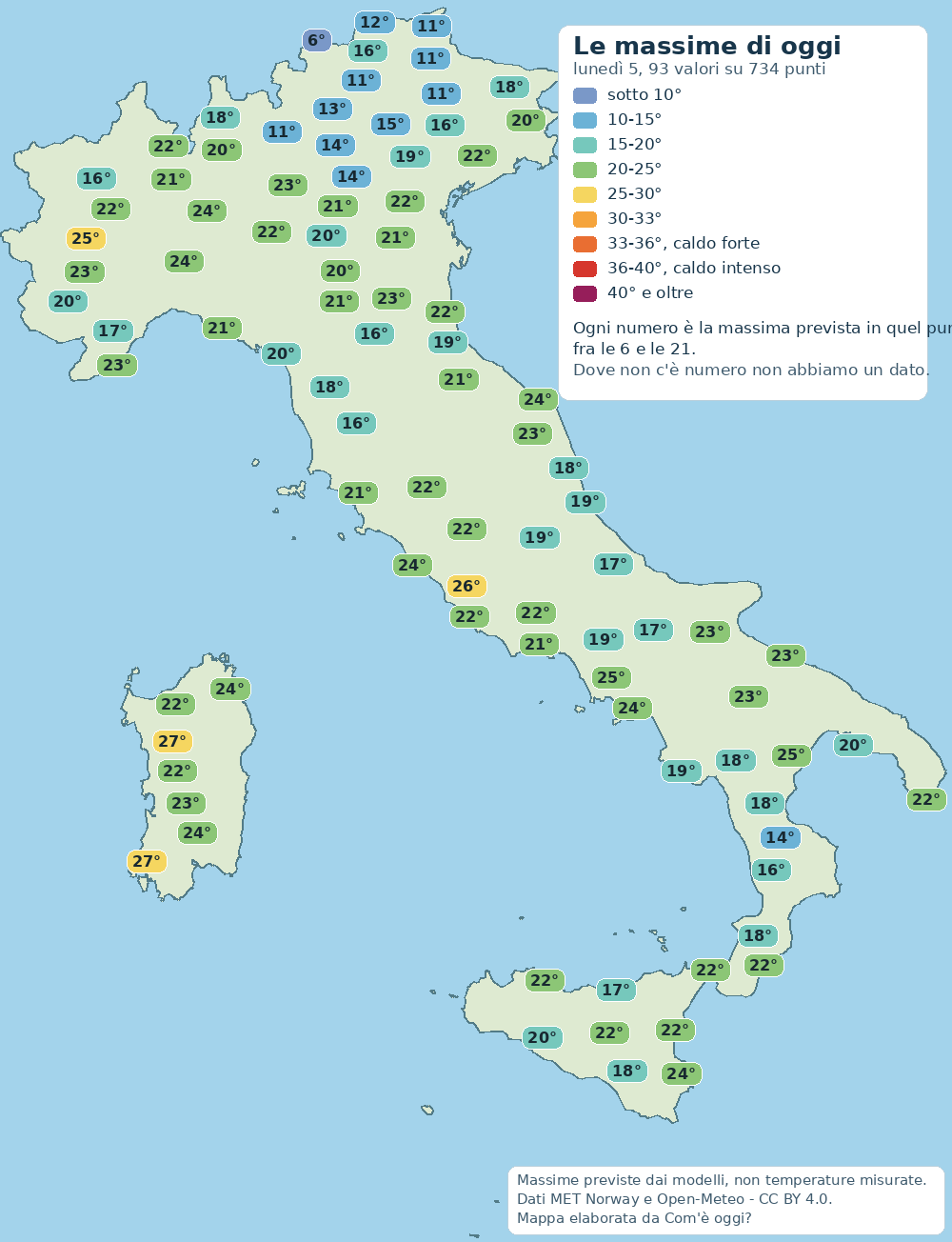 Mappa delle massime previste in Italia per oggi (lunedì 05): dal valore più basso di 6° al più alto di 27°.