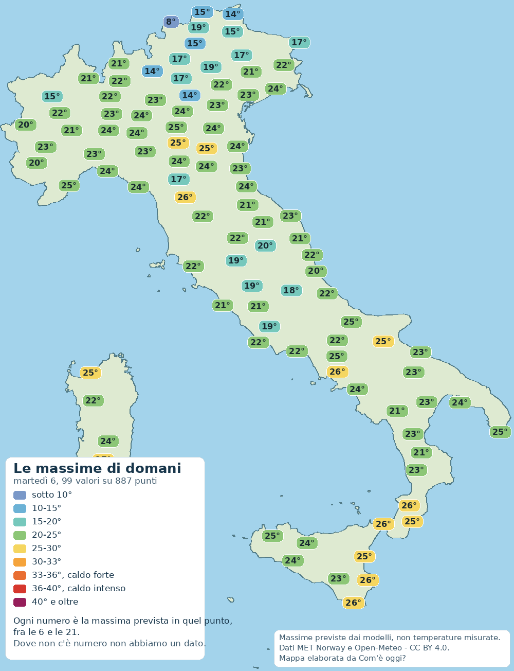 Mappa delle massime previste in Italia per domani (martedì 06): dal valore più basso di 8° al più alto di 28°.