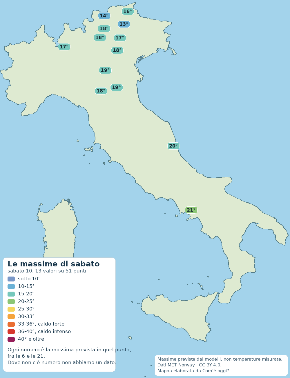 Mappa delle massime previste in Italia per sabato (sabato 10): dal valore più basso di 11° al più alto di 21°.