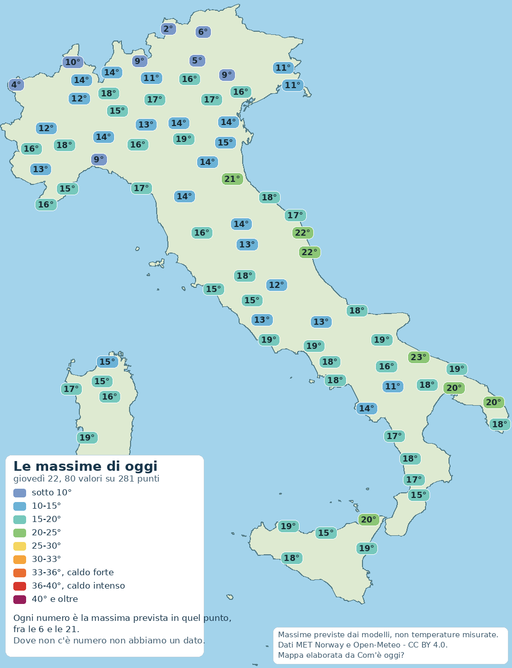 Mappa delle massime previste in Italia per oggi (giovedì 22): dal valore più basso di 2° al più alto di 23°.