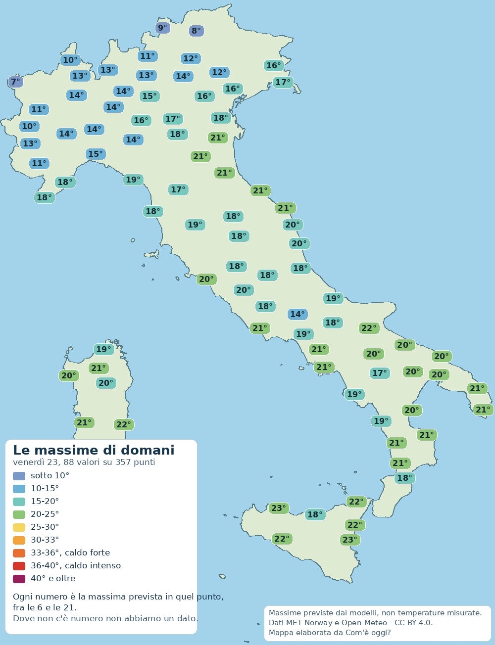 Mappa delle massime previste in Italia per domani (venerdì 23): dal valore più basso di 6° al più alto di 24°.