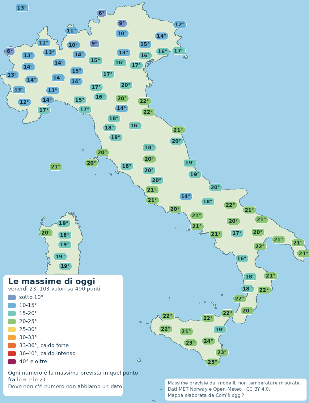 Mappa delle massime previste in Italia per oggi (venerdì 23): dal valore più basso di 6° al più alto di 25°.