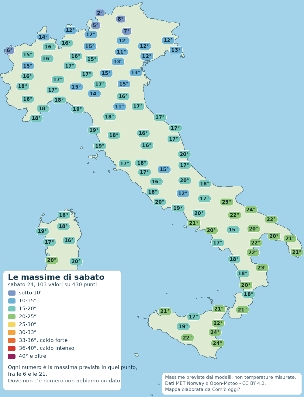 Mappa delle massime previste in Italia per domani (sabato 24): dal valore più basso di 2° al più alto di 24°.