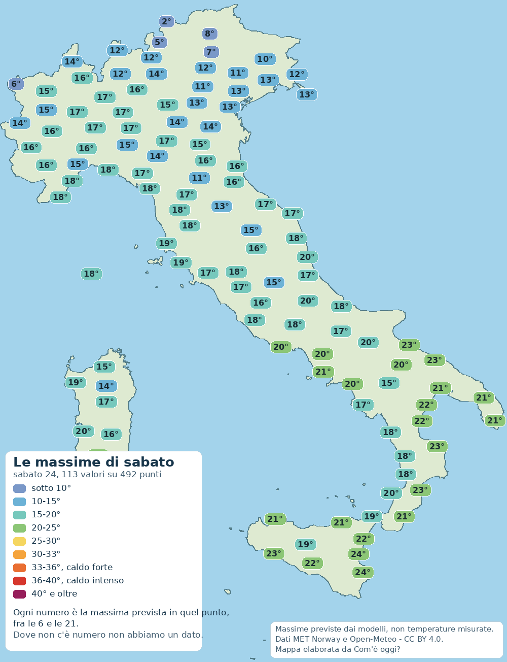 Mappa delle massime previste in Italia per sabato (sabato 24): dal valore più basso di 2° al più alto di 24°.