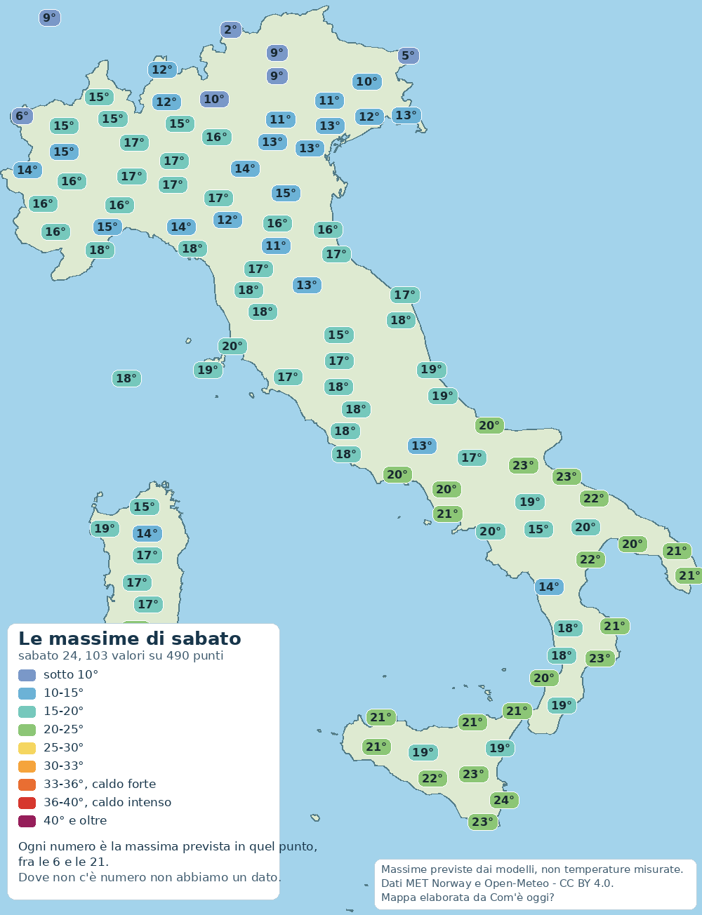 Mappa delle massime previste in Italia per domani (sabato 24): dal valore più basso di 2° al più alto di 24°.