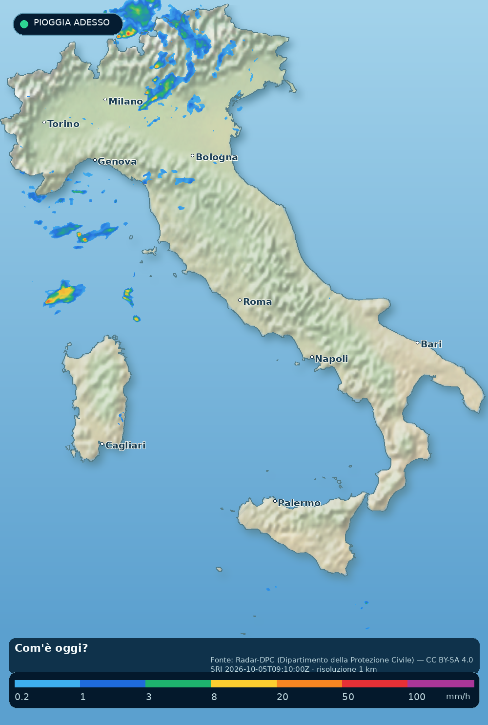 Mappa radar dell'Italia alle 11:10 con le aree di pioggia in corso. Il radar vede pioggia su Trentino-Alto Adige, Lombardia e Liguria in questo momento.