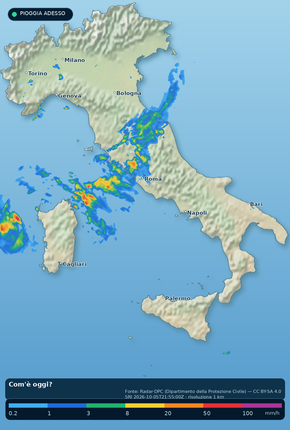 Mappa dell'Italia con le aree di pioggia misurate dal radar nazionale alle 23:55. Il radar vede pioggia su Lazio, Umbria e Marche in questo momento.