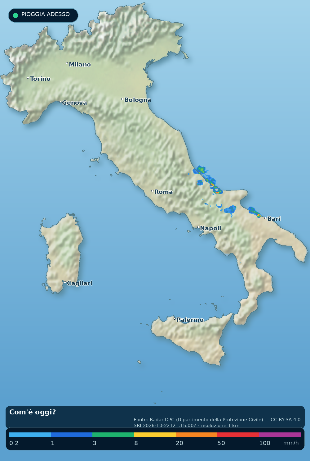 Mappa dell'Italia con le aree di pioggia misurate dal radar nazionale alle 23:15. Il radar vede pioggia su Abruzzo, Puglia e Molise alle 23:15.