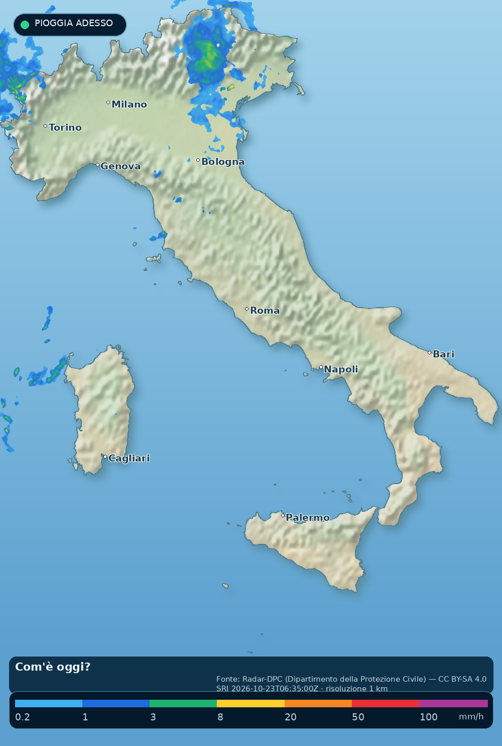 Mappa dell'Italia con le aree di pioggia misurate dal radar nazionale alle 08:35. Il radar vede pioggia su Trentino-Alto Adige, Valle d'Aosta e Veneto alle 08:35.