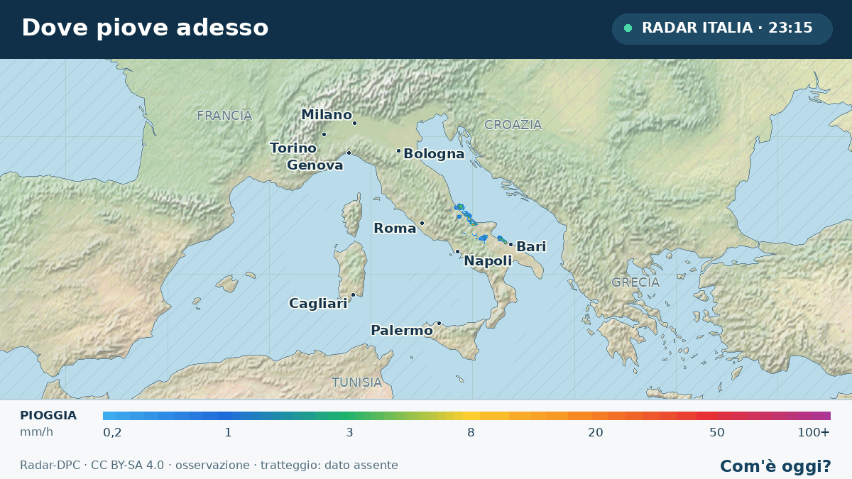 Pioggia osservata dal radar sull’Italia alle 23:15