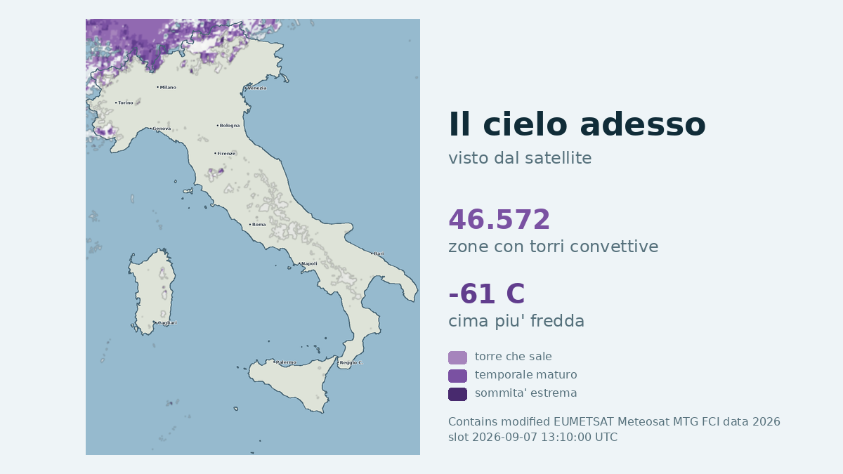 Immagine satellitare delle nuvole sull'Italia, aggiornata alle 13:10