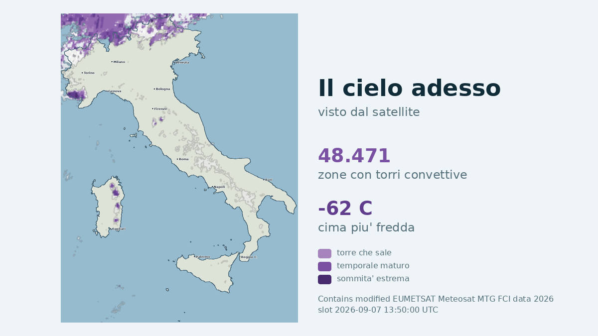 Immagine satellitare delle nuvole sull'Italia, aggiornata alle 13:50