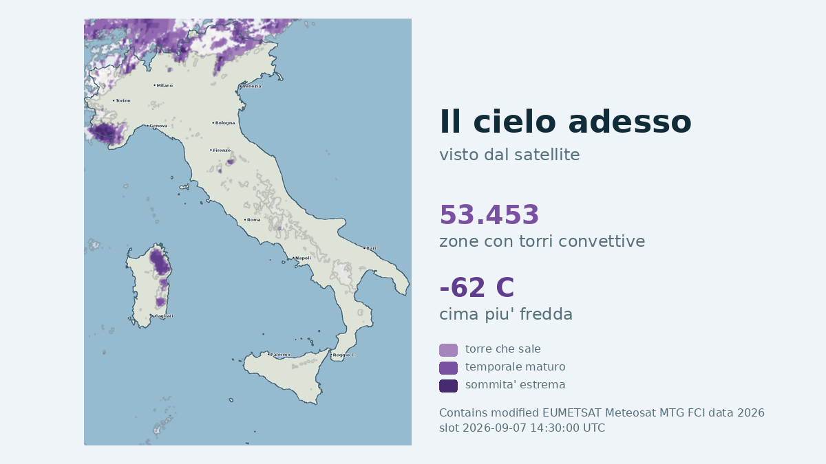 Immagine satellitare delle nuvole sull'Italia, aggiornata alle 14:30