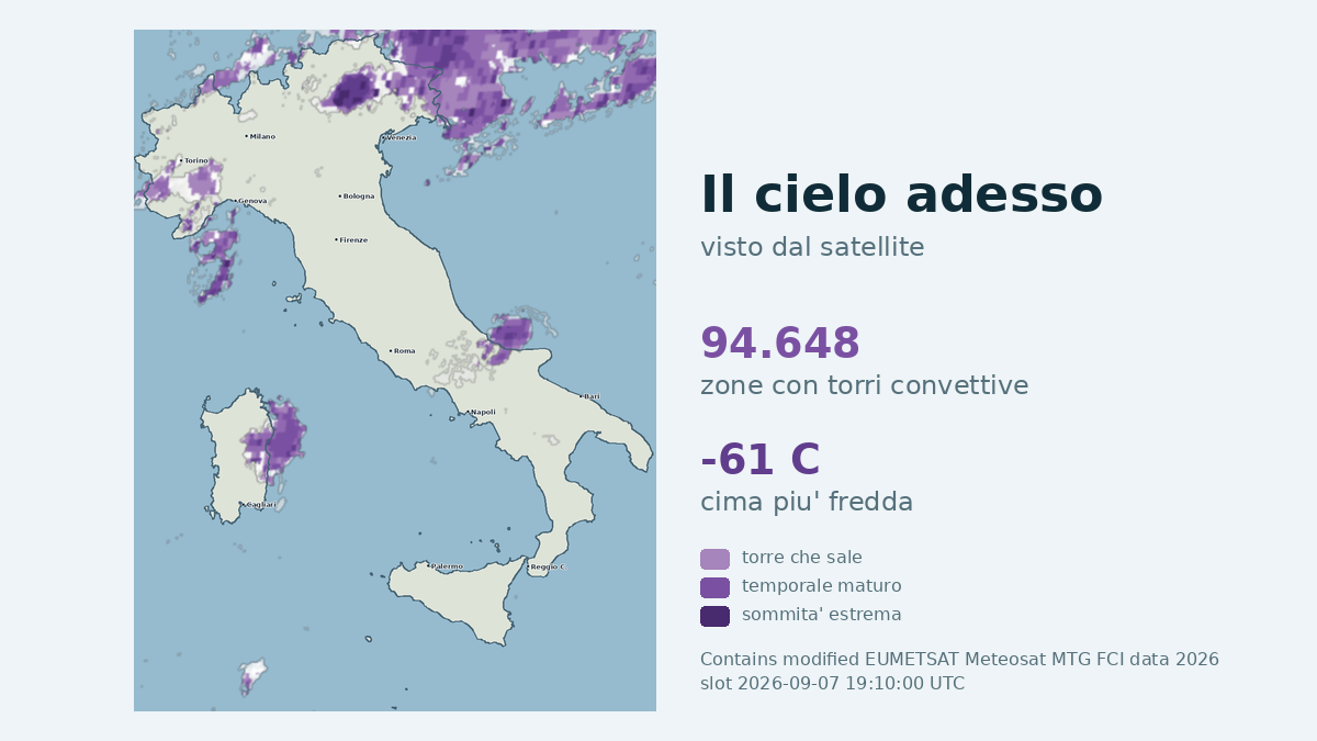 Immagine satellitare delle nuvole sull'Italia, aggiornata alle 19:10