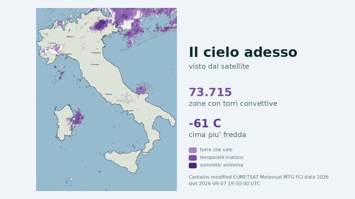 Immagine satellitare delle nuvole sull'Italia, aggiornata alle 19:50