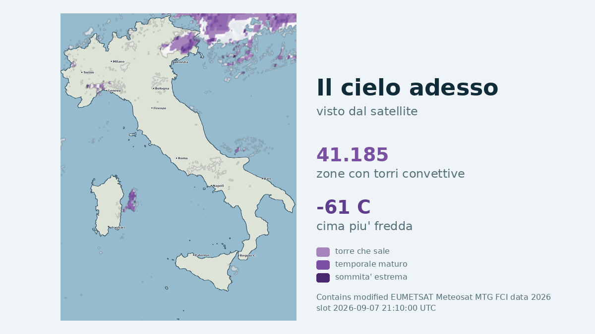 Immagine satellitare delle nuvole sull'Italia, aggiornata alle 21:10