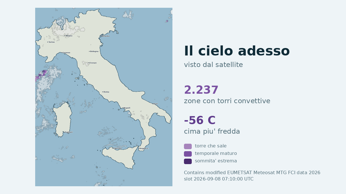 Immagine satellitare delle nuvole sull'Italia, aggiornata alle 07:10