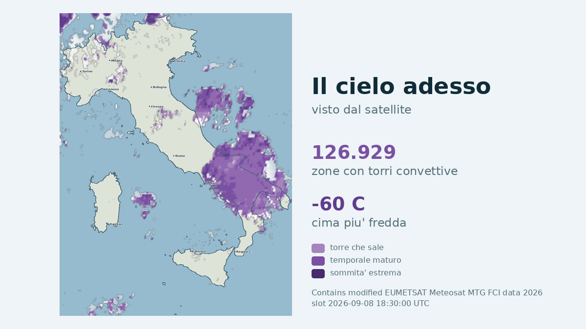 Immagine satellitare delle nuvole sull'Italia, aggiornata alle 18:30
