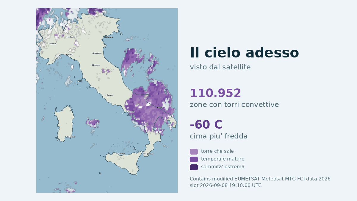 Immagine satellitare delle nuvole sull'Italia, aggiornata alle 19:10