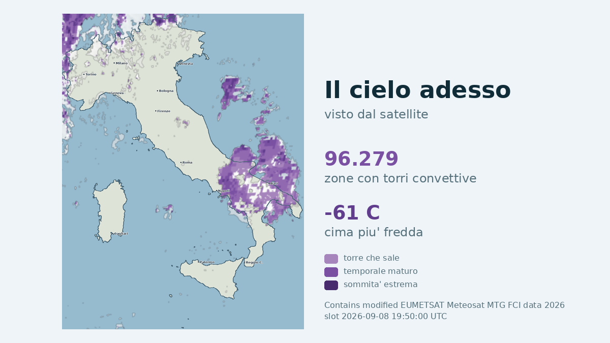Immagine satellitare delle nuvole sull'Italia, aggiornata alle 19:50