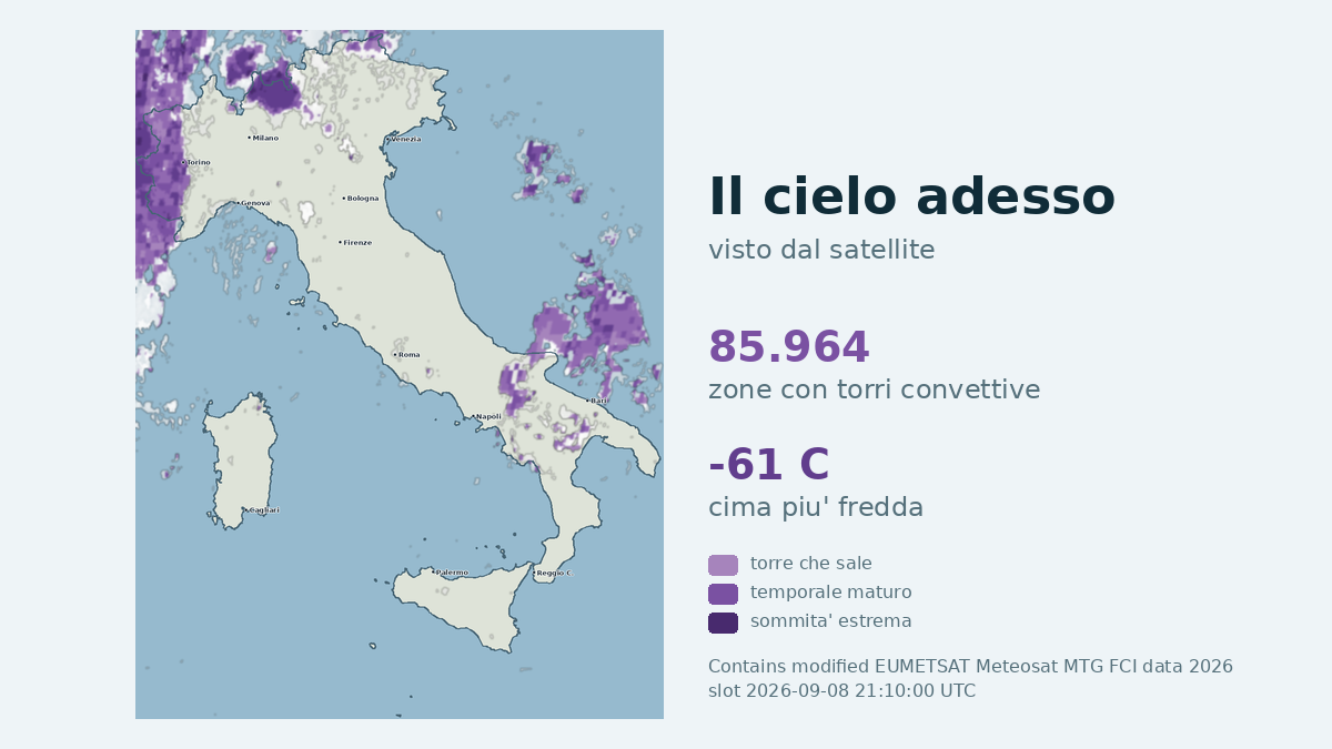 Immagine satellitare delle nuvole sull'Italia, aggiornata alle 21:10