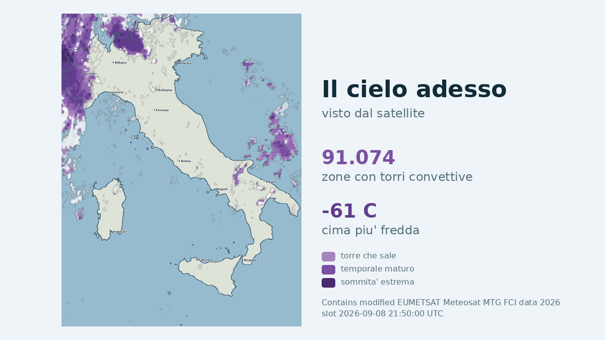 Immagine satellitare delle nuvole sull'Italia, aggiornata alle 21:50
