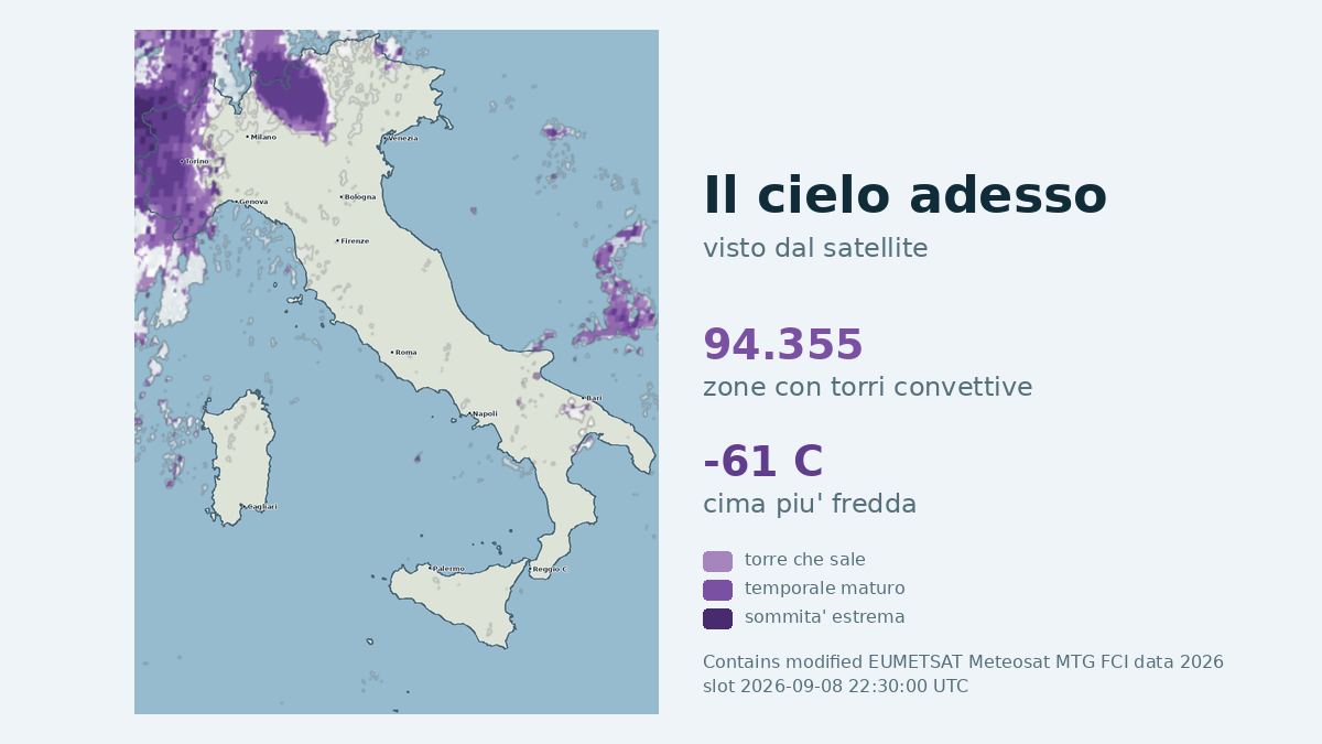 Immagine satellitare delle nuvole sull'Italia, aggiornata alle 22:30