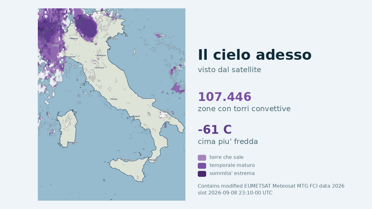 Immagine satellitare delle nuvole sull'Italia, aggiornata alle 23:10