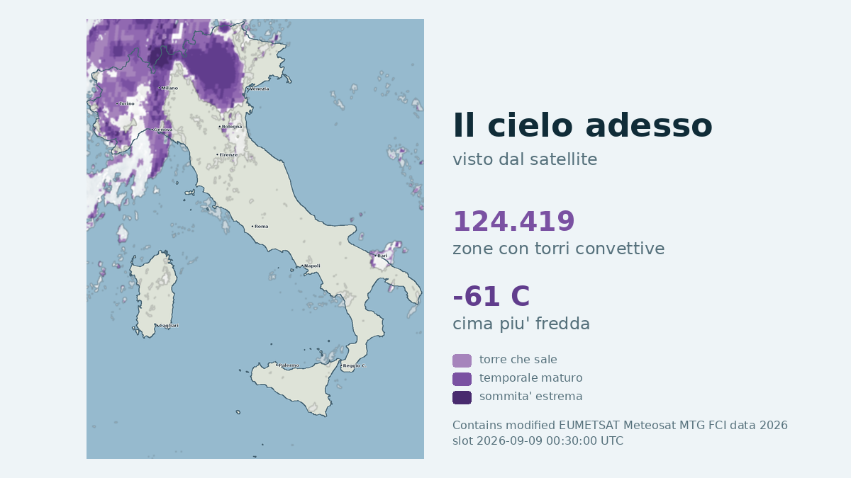 Immagine satellitare delle nuvole sull'Italia, aggiornata alle 00:30