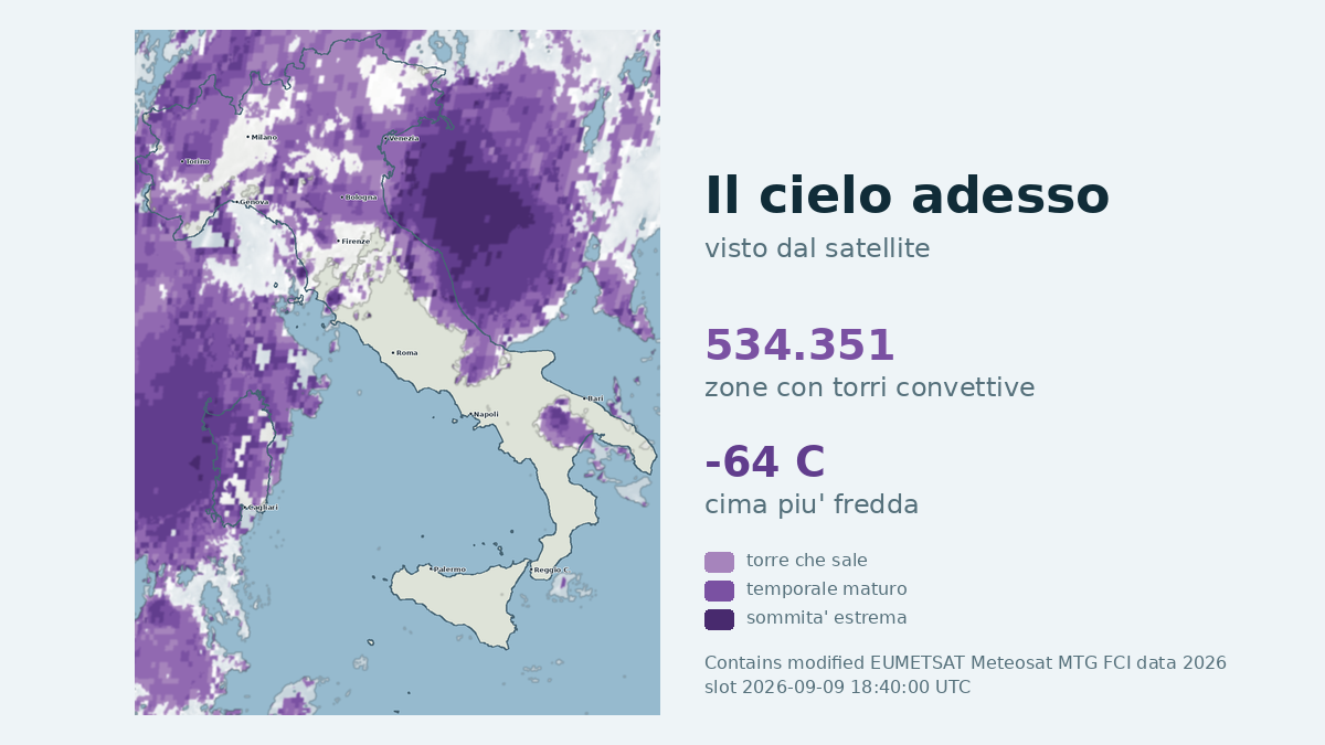 Immagine satellitare delle nuvole sull'Italia, aggiornata alle 18:40