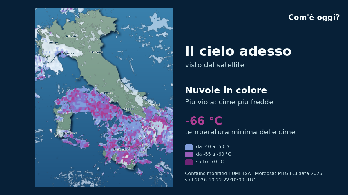Immagine satellitare delle nuvole sull'Italia, aggiornata alle 22:10