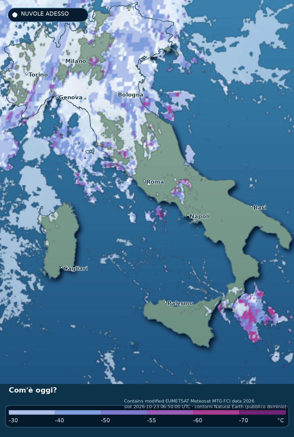Mappa satellitare delle cime delle nubi sopra l'Italia alle 06:50 UTC: le aree più fredde, fino a -67°C, sono le torri più alte.