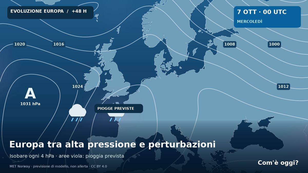 Europa tra alta pressione e perturbazioni: carta previsionale valida 07/10 alle 00:00 UTC