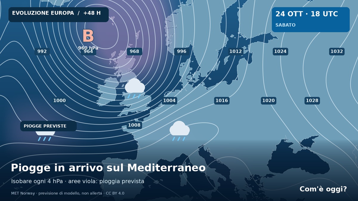 Piogge in arrivo sul Mediterraneo: carta previsionale valida 24/10 alle 18:00 UTC