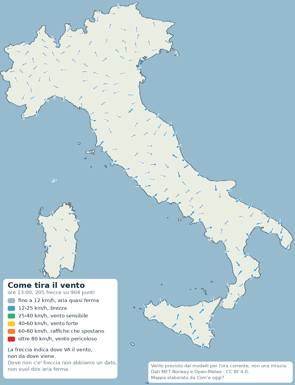Mappa del vento sull'Italia alle 13:00: frecce che indicano dove va il vento in 904 punti, con il valore più alto di 22 km/h.