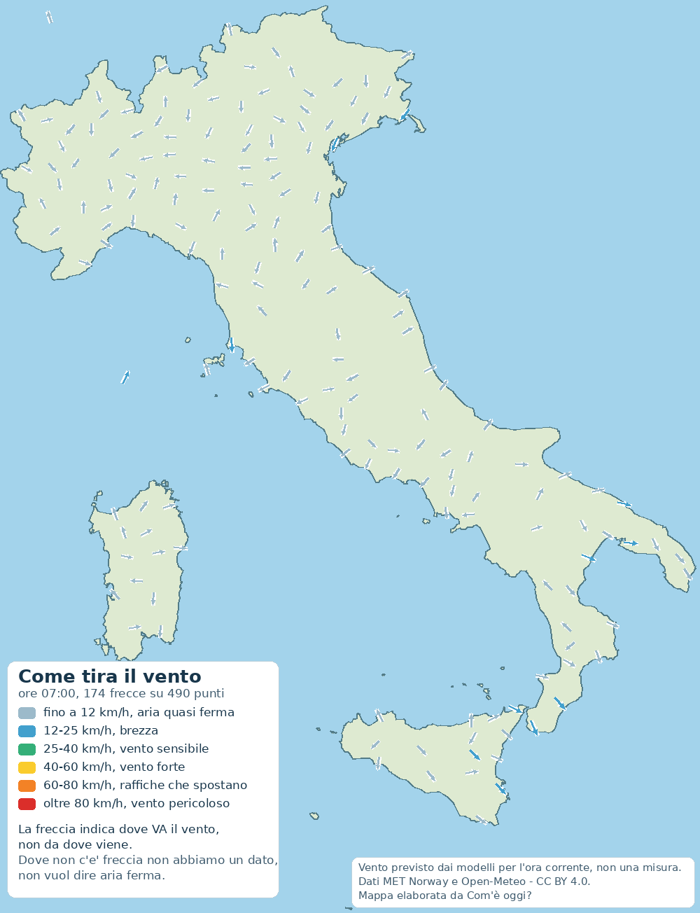 Mappa del vento sull'Italia alle 07:00: frecce che indicano dove va il vento in 490 punti, con il valore più alto di 23 km/h.